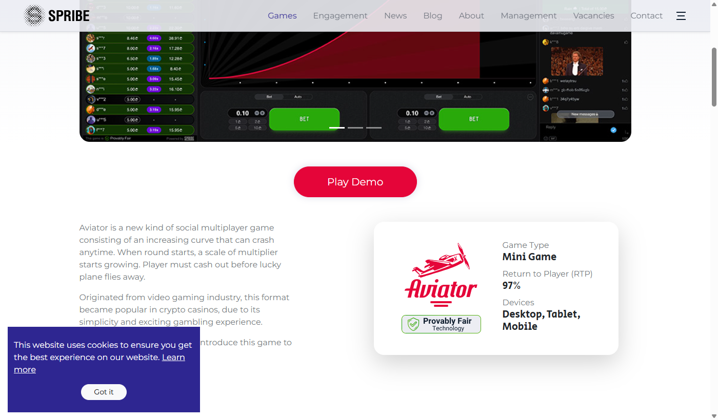 Official Aviator game interface by SPRIBE